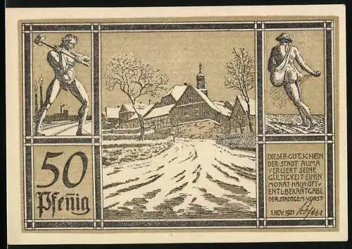 Notgeld Auma, 1921, 50 Pfennig, Stadtansicht im Winter, Wappen mit Adler und Wappenornamenten