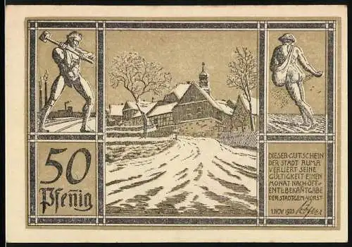 Notgeld Auma 1921, 50 Pfennig, Winterlandschaft und Wappen auf Vorder- und Rückseite