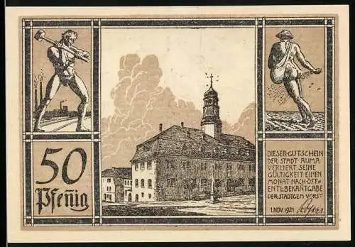 Notgeld Auma 1921, 50 Pfennig, Darstellung eines Gebäudes mit Kirchturm und Arbeitern, Wappen mit Adler