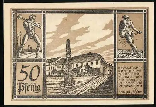 Notgeld Auma, 1921, 50 Pfennig, historische Gebäude und Figuren, Stadtwappen mit Adler und Wappenornamenten