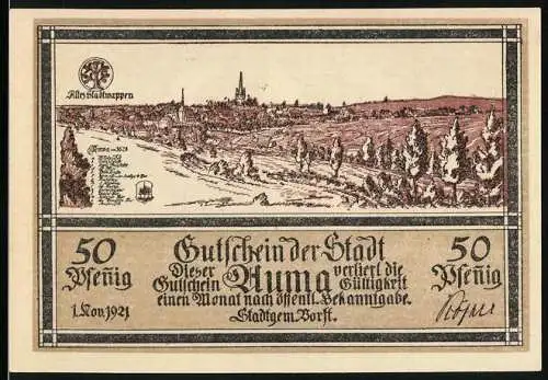 Notgeld Auma 1921, 50 Pfennig, Stadtansicht und Wappen mit Adler und Schildern