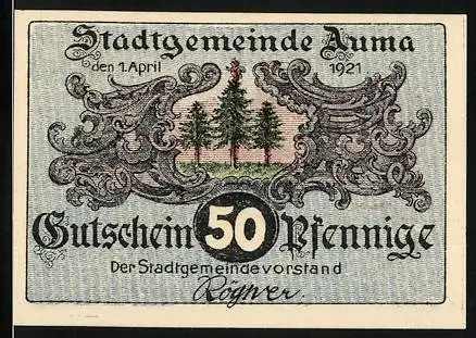 Notgeld Auma 1921, 50 Pfennig, Gutschein mit Stadtansicht und Pilzesammler im Wald