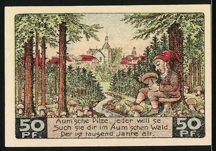 Notgeld Auma 1921, 50 Pfennig, Gutschein mit Stadtansicht und Pilzesammler im Wald