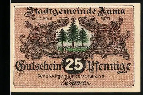 Notgeld Auma, 1921, 25 Pfennig, Vorderseite mit Wappen und Rückseite mit Waldlandschaft und Pilzesammler