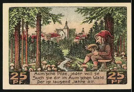 Notgeld Auma, 1921, 25 Pfennig, Vorderseite mit Wappen und Rückseite mit Waldlandschaft und Pilzesammler