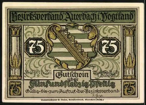 Notgeld Auerbach i. Vogtland, 1921, 75 Pfennig, Ratsdruckerei R. Dulz, künstlerische Grafik mit historischer Szene