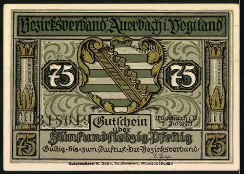 Notgeld Auerbach 1921, 75 Pfennig, Mythologische Figur und Stadtszene