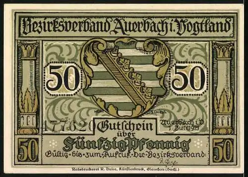 Notgeld Auerbach, 1921, 50 Pfennig, Silhouette einer Frau und Teufel, Seriennummer 477682