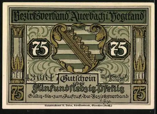 Notgeld Auerbach 1921, 75 Pfennig, Frau kocht Klösse und Wappen des Bezirksverbands