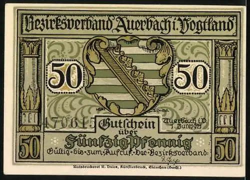 Notgeld Auerbach 1921, 50 Pfennig, Bezirksverband Auerbach /Vogtland, Künstlerdruck von Hans Kinder