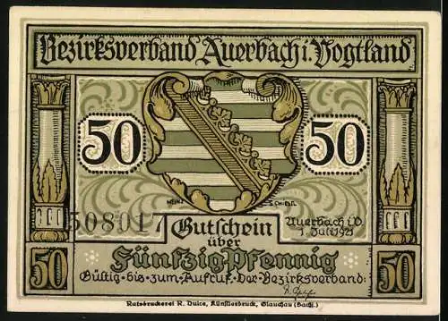 Notgeld Auerbach i. Vogtland, 1921, 50 Pfennig, Gutschein über fünfzig Pfennig, Wappen