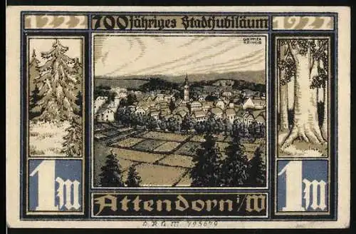 Notgeld Attendorn 1922, 1 Mark, Stadtansicht und Stadtwappen mit Türmen