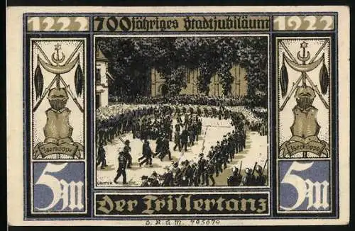 Notgeld Attendorn, 1922, 5 Mark, Der Füllertanz und Stadttor mit Wappen und Türmen