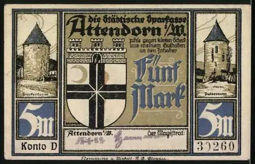 Notgeld Attendorn, 1922, 5 Mark, Der Füllertanz und Stadttor mit Wappen und Türmen