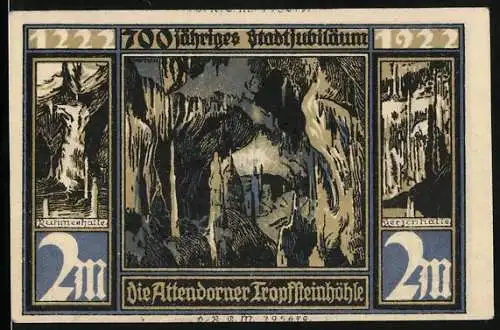 Notgeld Attendorn 1922, 2 Mark, Abbildungen von der Atta-Höhle und alten Türmen, 700-jähriges Stadtjubiläum