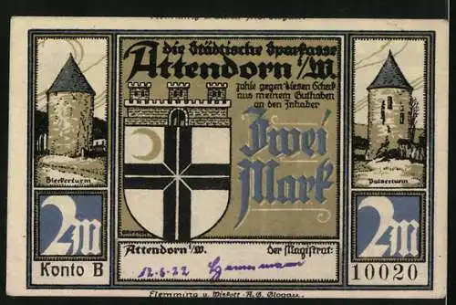 Notgeld Attendorn 1922, 2 Mark, Abbildungen von der Atta-Höhle und alten Türmen, 700-jähriges Stadtjubiläum