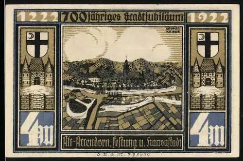 Notgeld Attendorn 1922, 4 Mark, 700-Jahr-Feier mit Stadtansicht und Türmen