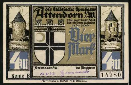 Notgeld Attendorn 1922, 4 Mark, 700-Jahr-Feier mit Stadtansicht und Türmen