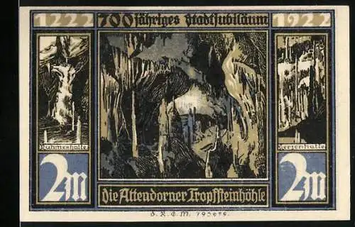 Notgeld Attendorn 1922, 2 Mark, 700 jähriges Stadtjubiläum mit Tropfsteinhöhle und Stadtansichten