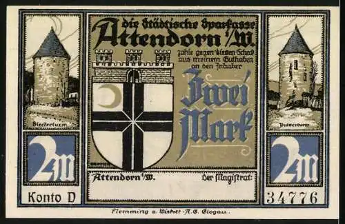 Notgeld Attendorn 1922, 2 Mark, 700 jähriges Stadtjubiläum mit Tropfsteinhöhle und Stadtansichten