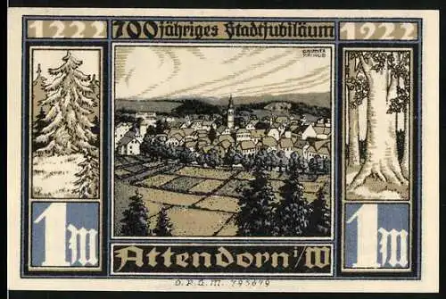 Notgeld Attendorn 1922, 1 Mark, 700-jähriges Stadtjubiläum, Stadtansicht, Pulverturm und Bieketurm