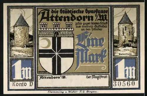 Notgeld Attendorn 1922, 1 Mark, 700-jähriges Stadtjubiläum, Stadtansicht, Pulverturm und Bieketurm