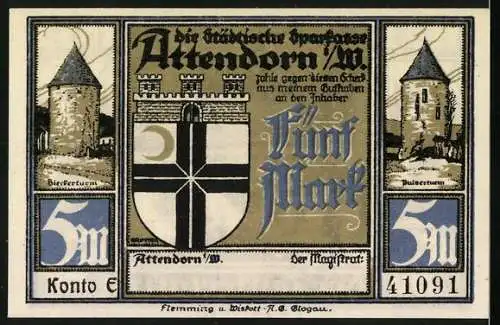 Notgeld Attendorn, 1922, 5 Mark, 700-jähriges Stadtjubiläum mit Freier Walzer Tanz und Stadtansichten