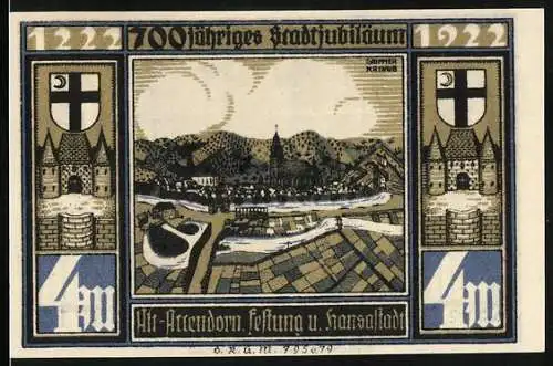 Notgeld Attendorn 1922, 4 Mark, 700-jähriges Stadtjubiläum mit Stadtansicht, Bier- und Pulverturm