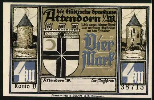 Notgeld Attendorn 1922, 4 Mark, 700-jähriges Stadtjubiläum mit Stadtansicht, Bier- und Pulverturm