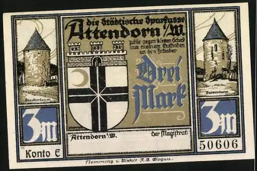 Notgeld Attendorn 1922, 3 Mark, Schloss und Ruine Schnellenberg, Bier- und Pulverturm