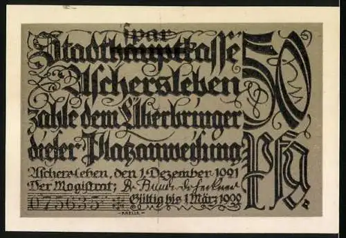 Notgeld Aschersleben, 1921, 50 Pf, Mann lehnt an Baum in Obstgarten, Inschrift über verlorenen Mann im Juni