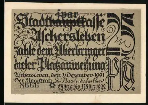 Notgeld Aschersleben 1921, 25 Pfennig, Stadtbankkasse Aschersleben, Gültig bis 1. März 1922