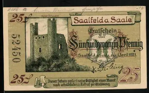 Notgeld Saalfeld a. Saale, 1921, 25 Pfennig, Burg, Schriftzug und Landschaft