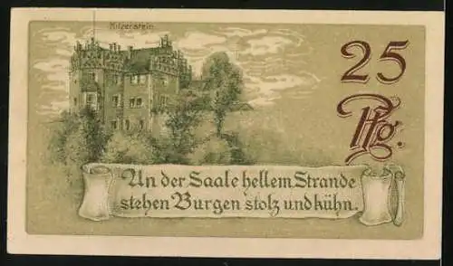 Notgeld Saalfeld a. Saale, 1921, 25 Pfennig, Burg, Schriftzug und Landschaft