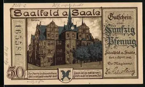 Notgeld Saalfeld an der Saale, 1921, 50 Pfennig, Rathaus und Karikatur Steuerschraube
