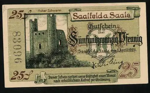 Notgeld Saalfeld a. Saale, 1921, 25 Pfennig, Hoher Schwarm und Kitzerstein, Burgen an der Saale