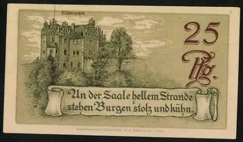 Notgeld Saalfeld a. Saale, 1921, 25 Pfennig, Hoher Schwarm und Kitzerstein, Burgen an der Saale