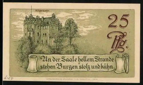 Notgeld Saalfeld a. Saale, 1921, 25 Pfennig, Burgansichten und Spruch