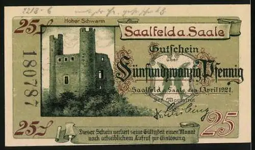 Notgeld Saalfeld a. Saale, 1921, 25 Pfennig, Burgansichten und Spruch