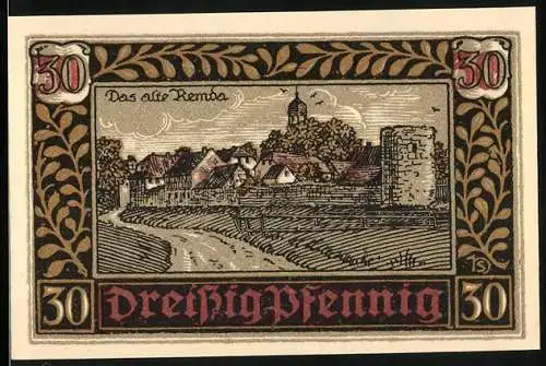 Notgeld Remda, 1921, Dreissig Pfennig, Das alte Remda und Stadtwappen mit Löwe