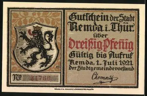 Notgeld Remda, 1921, Dreissig Pfennig, Das alte Remda und Stadtwappen mit Löwe