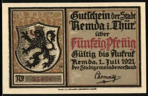 Notgeld Remda, 1921, 50 Pfennig, Löwe und Burg Ehrenstein bei Remda