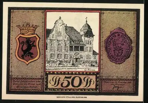 Notgeld Papenburg, 1921, 50 Pf, Segelschiff und Stadtansicht mit Wappen und Gebäude