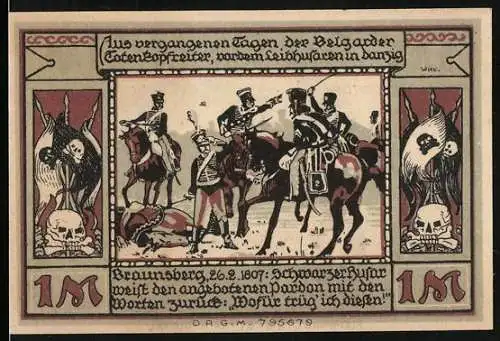 Notgeld Belgard, 1917, 1 Mark, Illustration von Reitern und Totenköpfen, Stadtwappen und florale Muster