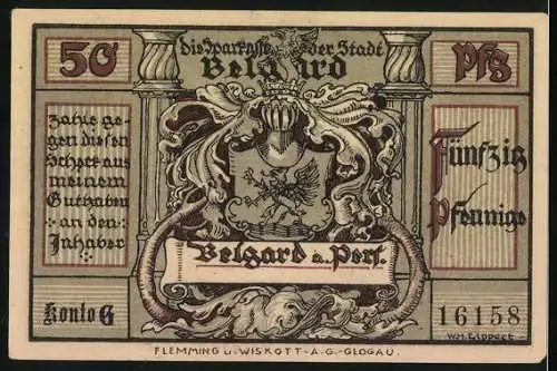 Notgeld Belgard, 1921, 50 Pfennig, Hussards de la mort und Wappen der Stadt