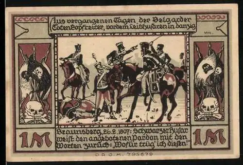 Notgeld Belgard, 1 Mark, historische Szene mit Soldaten und Totenköpfen, Wappen mit Adler