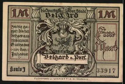 Notgeld Belgard, 1 Mark, historische Szene mit Soldaten und Totenköpfen, Wappen mit Adler