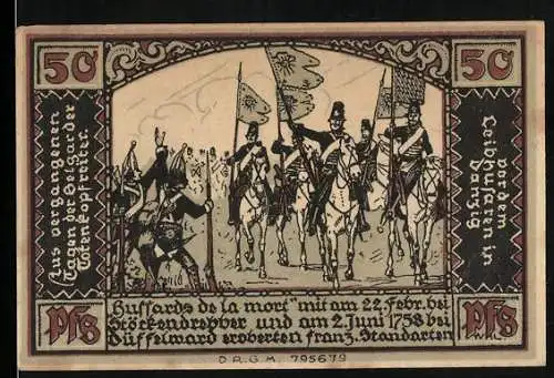 Notgeld Belgard, 1921, 50 Pfennig, Hussards de la Mort mit Fahnen und Stadtwappen