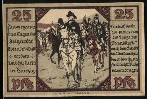 Notgeld Belgard, 1914, 25 Pfennig, Reiterdarstellung und Wappen der Stadt Belgard