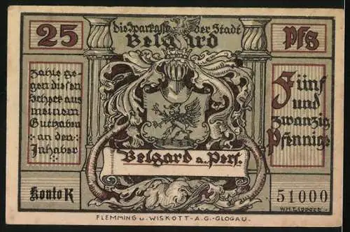 Notgeld Belgard, 1914, 25 Pfennig, Reiterdarstellung und Wappen der Stadt Belgard